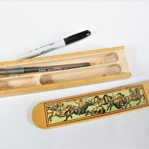 Antique Wood Box SLIDING Lid Pencil Box with Compartments INDIANS Hunting BUFFALO