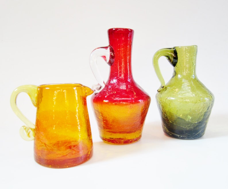 Vintage Glass Jug Vase CRACKLE Hand Blown Orange Red and Olive Etsy