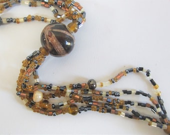 Naszyjnik vintage FLAPPER JEWELS Koraliki szklane Brązy i miedź Art Deco Lata 20. - 30. XX wieku