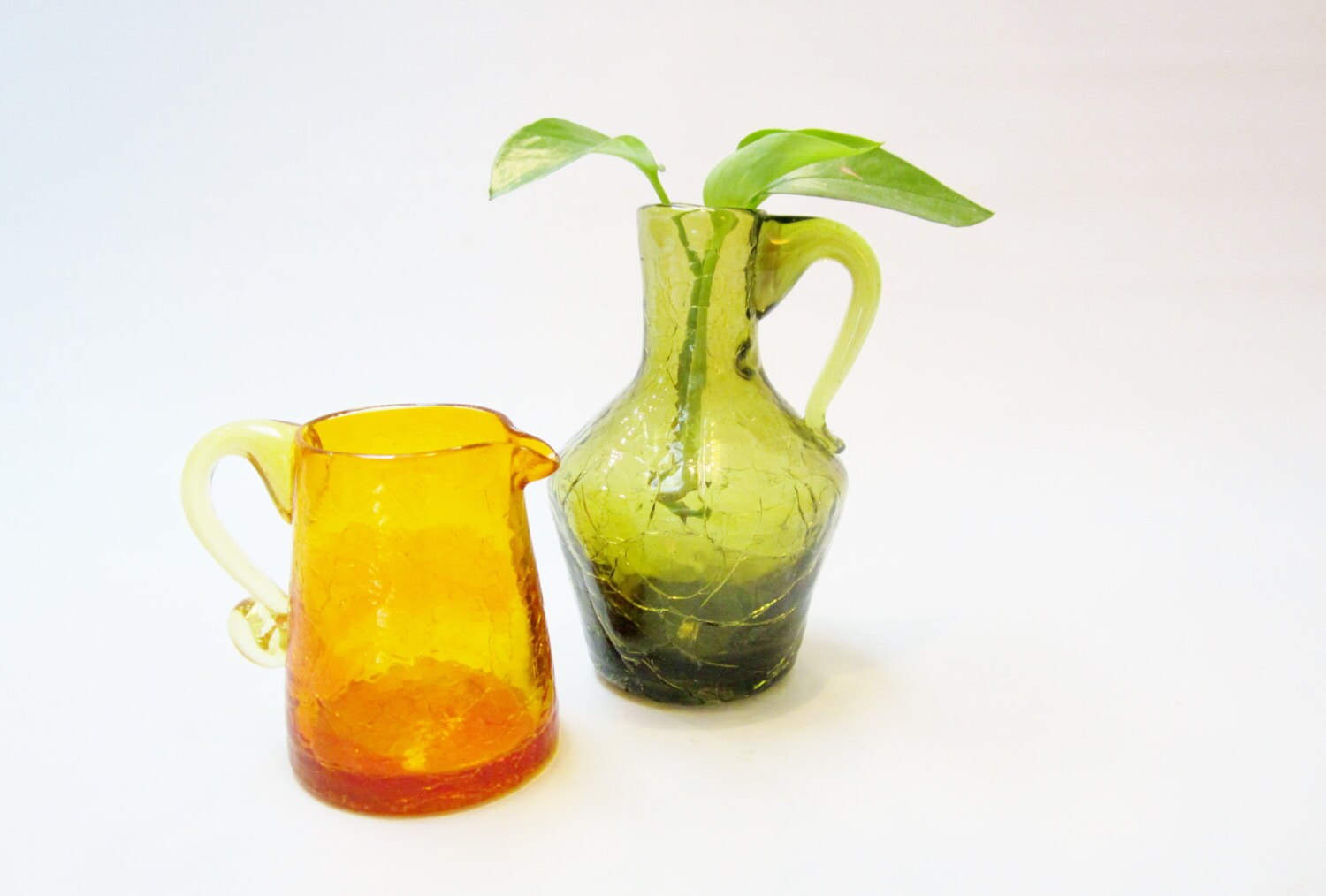 Vintage Glass Jug Vase CRACKLE Hand Blown Orange Red and Olive Etsy