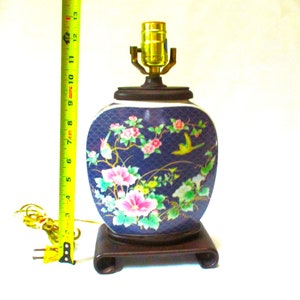 Vintage Lamp ASIAN ORIENTAL Ceramic Dark Blue with Pink Green Floral