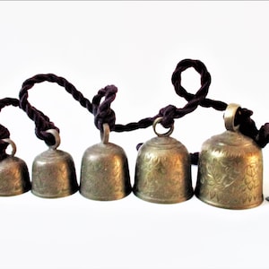 Vintage Hanging Bells HAND MADE Bells on Cotton Rope Chimes Etched TRIBAL 5 Bells