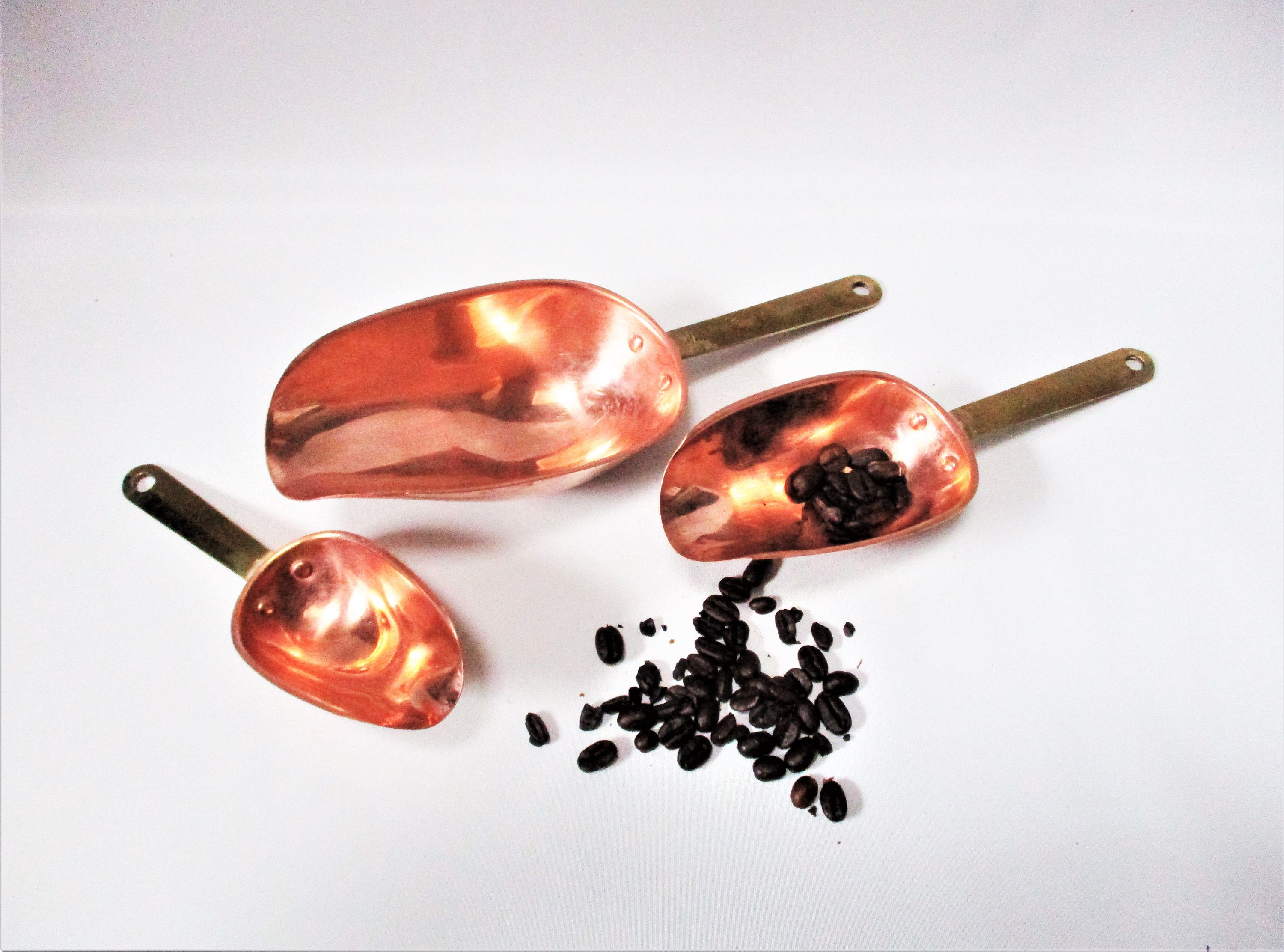 Vintage COFFEE SCOOP Bulk Foods Scoops COPPER With Brass Handle Set of ...