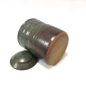 Vintage Stoneware Crock Canister STUDIO POTTERY Mottled Dark Green Brown and Turquoise Unusual Shape with DOME Lid Signed