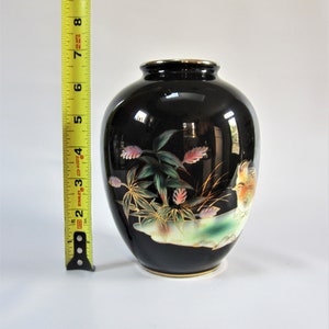 Vintage Shippo Enamel Vase BIRDS and BOTANICALS Black IKEBANA Vase Quail