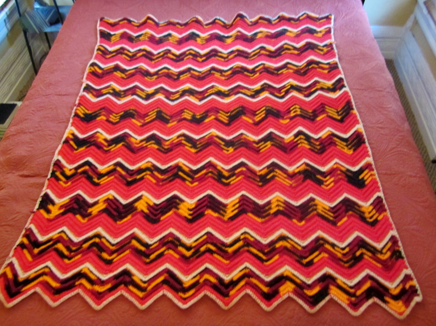Vintage Afghan Throw Lap Afghan CHEVRON Orange Black Red Etsy