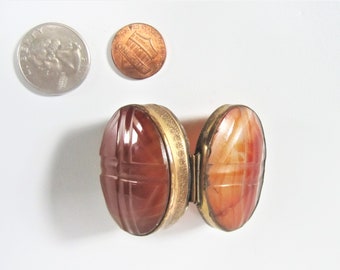 Antique Scarab Shaped Pill Box  Banded AGATE Oval Snuff Box CARVED Agate with Hand-Stamped Ormolu