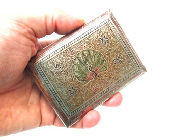 Antique Metal Cigarette PEACOCK Metal Wallet Hand-Decorated 4" x 3"