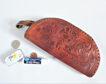 Vintage Tooled Leather STASH POUCH  Unisex Clutch Zippered Purse With Finger Strap LARGE Size