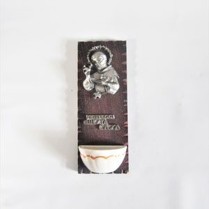 Vintage Religious Font PROTEGGI QUESTA CASA Italian Holy Water Font Wood Pewter Ceramic