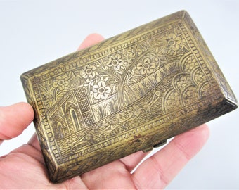 Antique Brass Cigarette Case FISH and BOTANICALS Metal Wallet Hand-Decorated