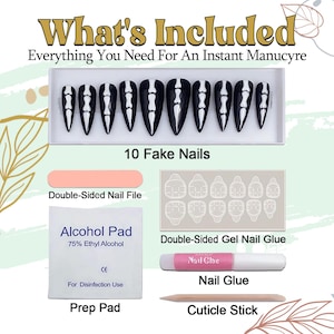 May include: A kit for an instant manicure, including 10 black and white fake nails with a skeleton design. The kit also contains a nail file, alcohol prep pad, double-sided gel nail glue, nail glue, and a cuticle stick. The text "What's Included" is at the top.