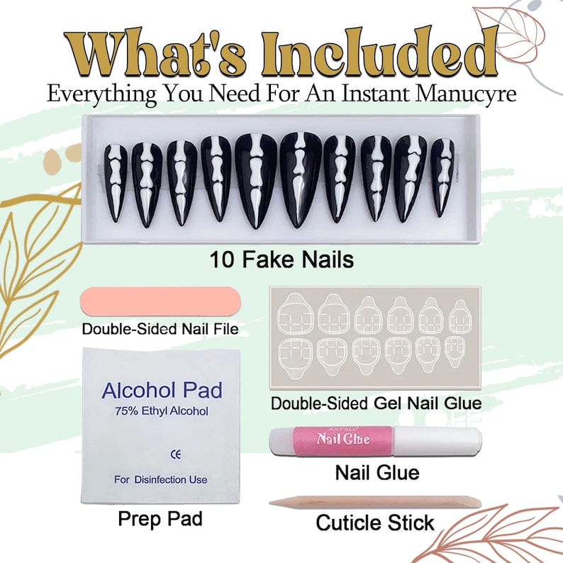 May include: A kit for an instant manicure, including 10 black and white fake nails with a skeleton design. The kit also contains a nail file, alcohol prep pad, double-sided gel nail glue, nail glue, and a cuticle stick. The text "What's Included" is at the top.