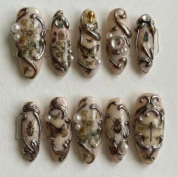 Vintage Entomology Press on Nails | Butterfly And Beetle Insect Nail Art | Cottagecore Flower & Dragonfly Nails | Silver 3D Frame Fake Nails