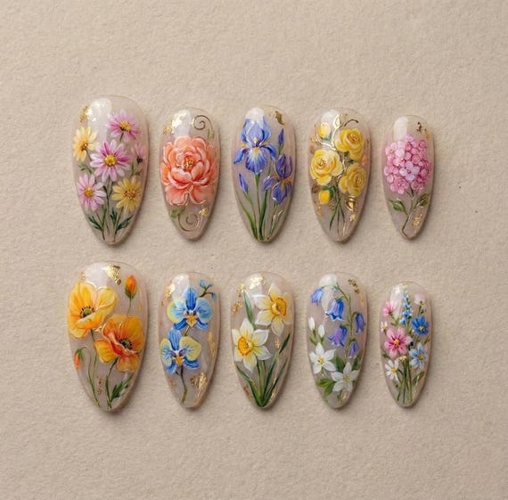 Colorful Floral Garden Press On Nails | Hand Painted Rose Iris Hydrangea Nails | Luxury Gold Leaf Botanical Fake Nails | Elegant Flower Art