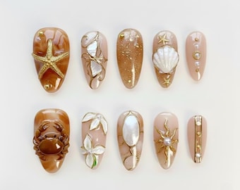 Luxury Brown Sea Life Press On Nails | 3D Starfish Crab Shell Fake Nails | Mother of Pearl & Gold Accent Summer Gel Manicure