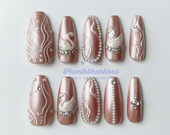 Uñas postizas White Swan Pearl, elegante set de uñas Balletcore con cristales y perlas, regalo de uñas de princesa para bodas