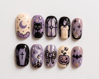 Pastelllila Halloween-pressnaglar | Kawaii, läskiga, svarta katt-pumpa-lösnaglar | Korta, ovala, goth-fladdermus-anpassade limnaglar
