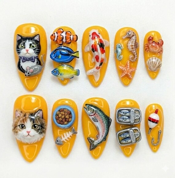 3D Cat and Fish Press On Nails | Cute Tuxedo Cat And Calico Fake Nails | Kawaii Aquarium Seafood Art Nails | Yellow Fun Summer Nail Design