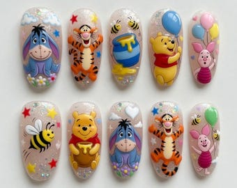 Unghie finte di Winnie the Pooh fatte a mano / Nail art con simpatici personaggi Disney in 3D / Unghie di Tigro, Ih-Oh, Pimpi e Vasetto di Miele / Unghie personalizzate e riutilizzabili