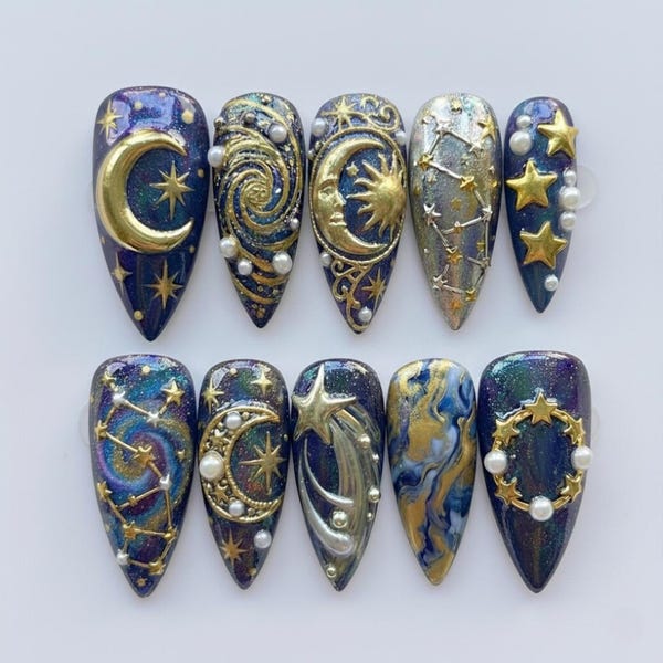 Celestial Press On Nails | Gold Moon and Stars Galaxy Nail Art | Luxury 3D Starry Night Fake Nails | Mystic Astrology Reusable Glue Ons