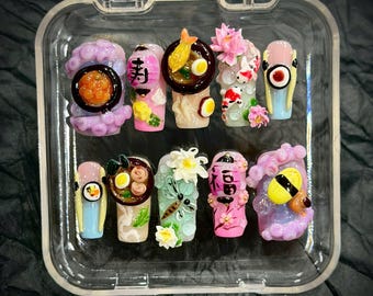 Japanese Food Press on Nails | 3D Sushi And Ramen Nail Art | Cute Octopus And Takoyaki Nails | Pink Sakura Lantern Nails | Kawaii Foodie
