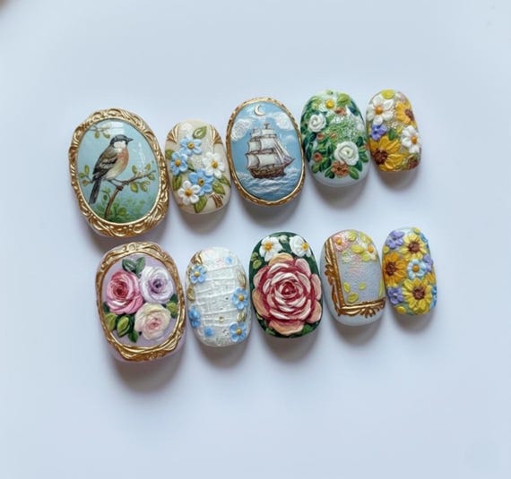 Vintage Oil Painting Press on Nails | Hand-painted Bird And Ship 3D Rose Art Nails | Renaissance Aesthetic Antique Gold Framed False Nails