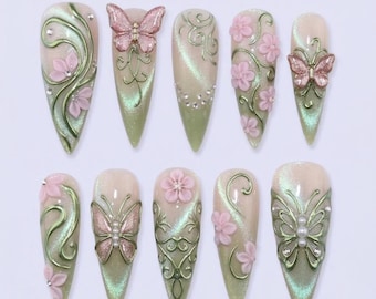 Sage Green Cat Eye Press on Nails | 3D Pink Butterfly Fake Nails | Glitter Floral Custom Nails | Elegant Fairy Core Prom Nails