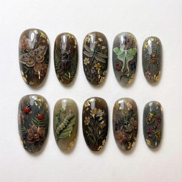 Dark Nature Insect Press on Nails | Realistic Butterfly And Beetle Fake Nails | Moody Forest Bug Glue on Nails | Unique Entomology Nail Art