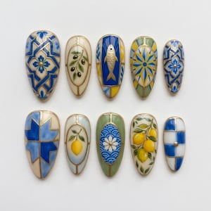 Italian Giallo Maiolica Press On Nails | Sicilian Lemon Tile Nails | Gold Edged Mosaic Ceramic Design | Blue and Yellow Mediterranean Nails