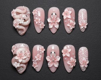 Pink Sakura Snake Press On Nails | 3D Cherry Blossom Nails | Aesthetic White Snake Nail Art | Soft Girl Floral Nails | Coquette Style Nails