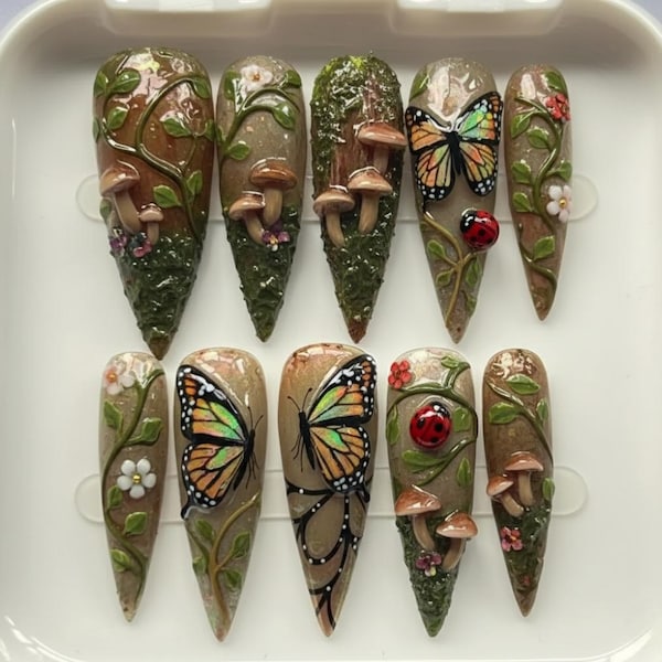 Enchanted Forest Butterfly Press On Nails | 3D Mushroom Moss Garden | Realistic Monarch Butterfly Ladybug Nails | Fairycore Nature Nails