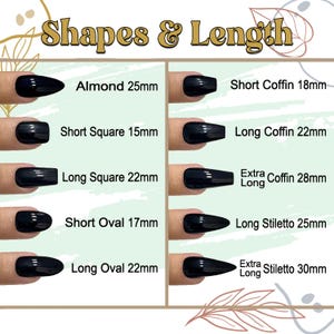 May include: Image showcasing various black nail shapes and lengths, including Almond (25mm), Short Square (15mm), Long Square (22mm), Short Oval (17mm), Long Oval (22mm), Short Coffin (18mm), Long Coffin (22mm), Extra Long Coffin (28mm), Long Stiletto (25mm), and Extra Long Stiletto (30mm).
