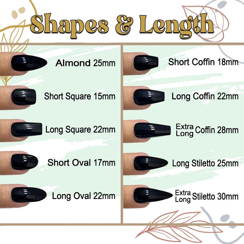 May include: Image showcasing various black nail shapes and lengths, including Almond (25mm), Short Square (15mm), Long Square (22mm), Short Oval (17mm), Long Oval (22mm), Short Coffin (18mm), Long Coffin (22mm), Extra Long Coffin (28mm), Long Stiletto (25mm), and Extra Long Stiletto (30mm).