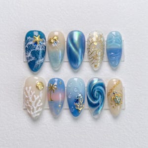 Gold Sea Star Wave Press On Nails | Ocean Beach Theme Blue Cateye Fake Nails | Luxury Pearl Coral Palm Tree Custom Reusable Summer Gel Nails