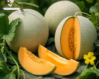 May include: Several cantaloupe melons, some whole and some sliced, are displayed on a bed of green leaves. The melons have a light green rind with a textured pattern. The cut melons reveal bright orange flesh. A yellow flower is visible.