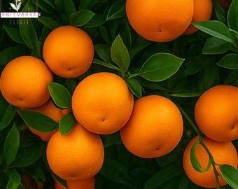 May include: A close-up of a cluster of ripe oranges on a tree, surrounded by green leaves. The oranges are a vibrant orange color and appear to be freshly picked. The image has a natural, organic feel, suggesting a harvest or orchard setting.