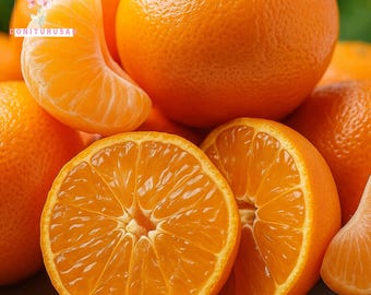May include: Close-up of several bright orange tangerines, some whole and others sliced open to reveal the juicy segments. One tangerine segment is separated from the fruit. The image showcases the vibrant color and texture of the citrus fruit.