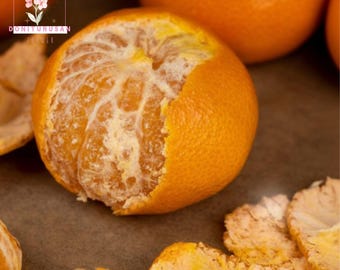 May include: Close-up of a partially peeled orange tangerine, revealing the juicy segments inside. The bright orange fruit is surrounded by other tangerines and pieces of peel. The image has a warm, inviting feel.