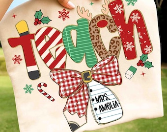 Nome personalizzato insegnante Png, filato finto natalizio Teach Png, filato con uncinetto, sublimazione personalizzata, ricamo finto, download digitale di Natale