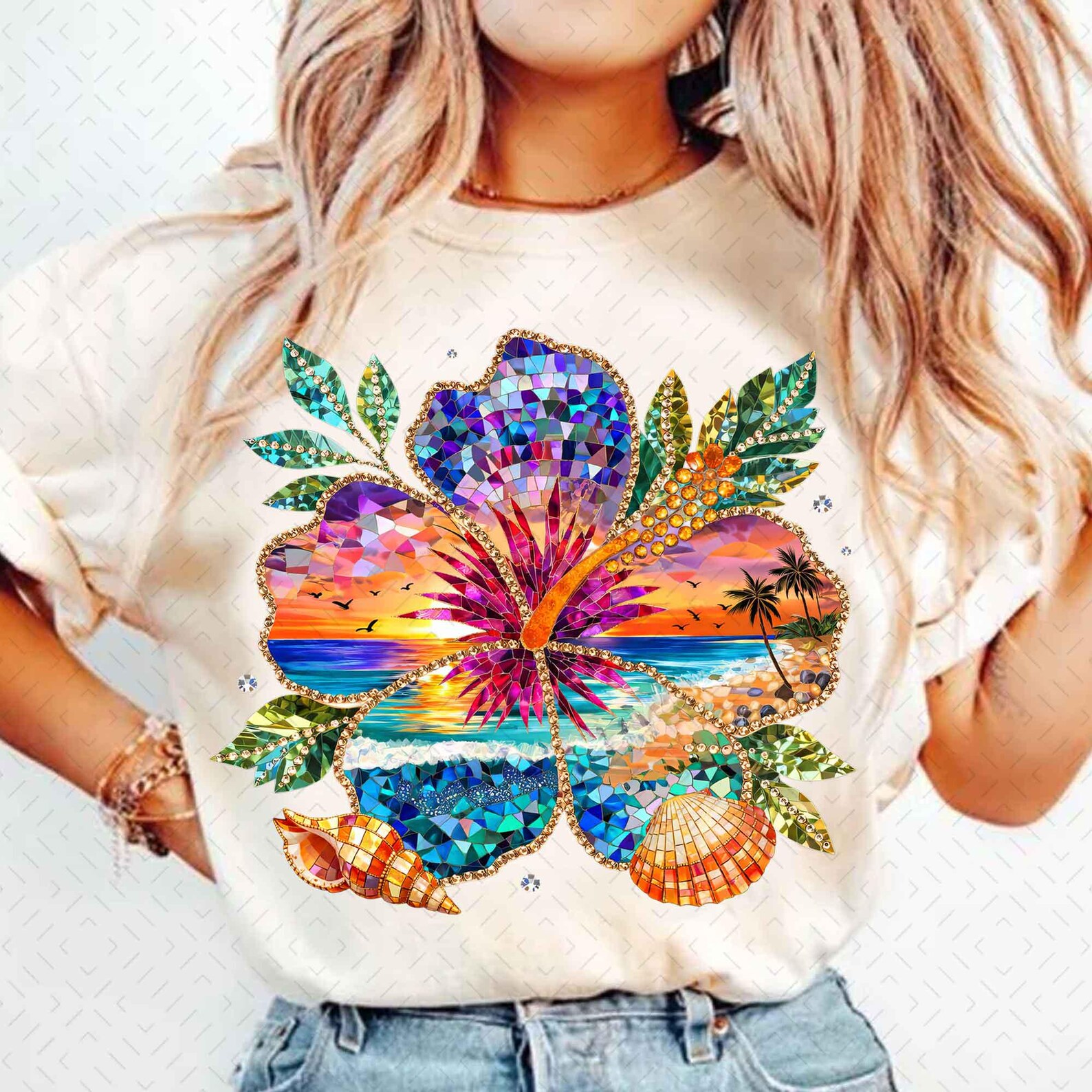 Tropical Hibiscus Beach Sunset Rhinestone Mosaic Flower Coastal Summer ...