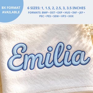 May include: A white towel featuring the embroidered name Emilia in light blue script. Text above indicates 6 sizes from 1 to 3.5 inches and file formats including BX, BMP, DST, EXP, HUS, INF, JEF, PEC, PES, SEW, VP3, and XXX for embroidery machines.