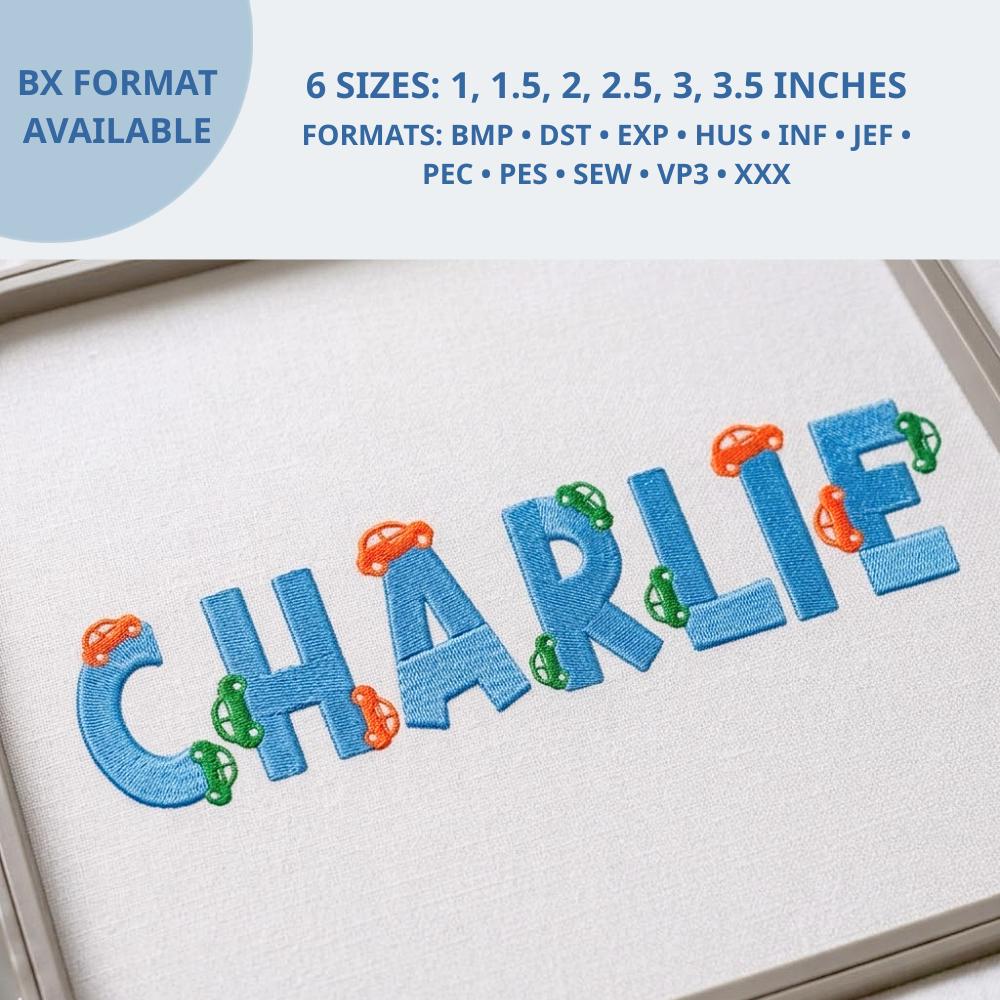 Playful Car Machine Embroidery Font, Chunky Block Alphabe… embroidery font sample