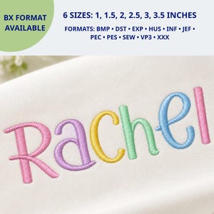 Op de afbeelding: Machineborduurontwerp van de naam Rachel in een cursief lettertype met veelkleurige letters waaronder roze, paars, geel, groen en blauw. Tekst geeft 6 maten aan van 1 tot 3,5 inch en formaten: BMP, DST, EXP, HUS, INF, JEF, PEC, PES, SEW, VP3, XXX.