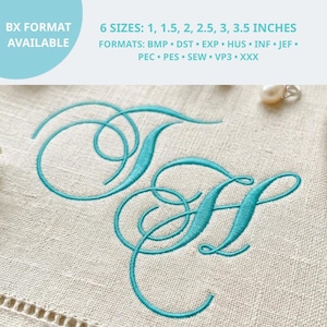 Puede incluir: Una tela beige con un monograma bordado de las letras T y H en hilo turquesa brillante. El texto superior indica: 6 TAMAÑOS: 1, 1.5, 2, 2.5, 3, 3.5 PULGADAS. FORMATOS: BMP, DST, EXP, HUS, INF, JEF, PEC, PES, SEW, VP3, XXX, FORMATO BX DISPONIBLE.