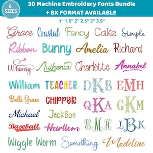 May include: A collection of 30 machine embroidery fonts in various styles and colors. The image includes examples of each font, with sizes ranging from 1" to 3.5". The text "30 Machine Embroidery Fonts Bundle" is at the top.