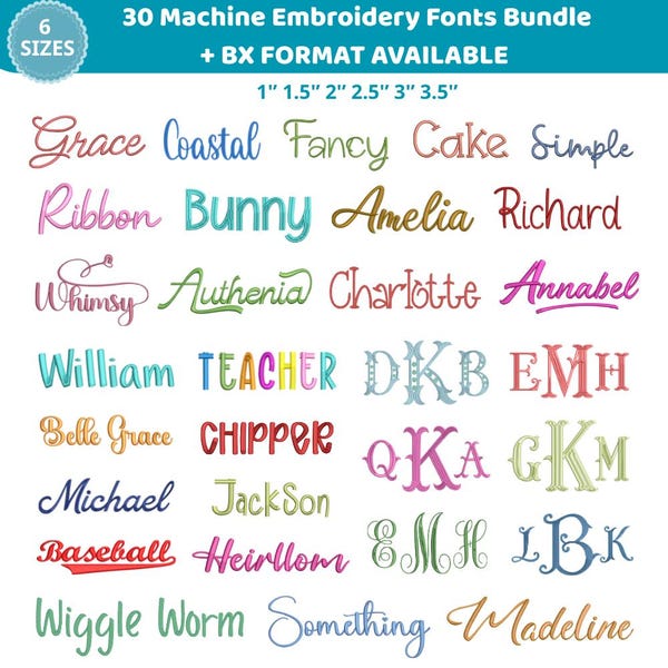 30 Machine Embroidery Fonts Bundle, Fishtail Monogram Alphabet, Handwritten Script Serif Fonts, 6 Sizes, 11 Formats + Bx Font