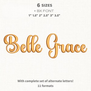 Könnte beinhalten: Goldfarbener gestickter Text "Belle Grace" in einer Schreibschrift. Das Bild enthält Text, der sechs Größen von 2,5 cm bis 8,9 cm, eine BX-Schriftart und 11 Formate angibt. Zusätzlicher Text lautet "Mit komplettem Satz alternativer Buchstaben!"