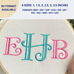 Puede incluir: Un diseño de bordado con el monograma EJB en una fuente decorativa. Las letras E y B son rosas, mientras que la J central es de color verde azulado. El texto indica: BX FORMAT AVAILABLE, 6 SIZES: 1, 1.5, 2, 2.5, 3, 3.5 INCHES, FORMATS: BMP, DST, EXP, HUS, INF, JEF, PEC, PES, SEW, VP3, XXX.