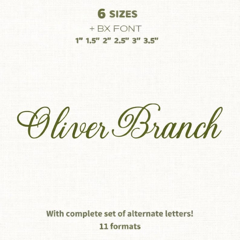 May include: A digital embroidery font file featuring the text Oliver Branch in a dark olive green cursive script. The image displays 6 sizes including 1 inch, 1.5 inches, 2 inches, 2.5 inches, 3 inches, and 3.5 inches, plus BX font and 11 formats.